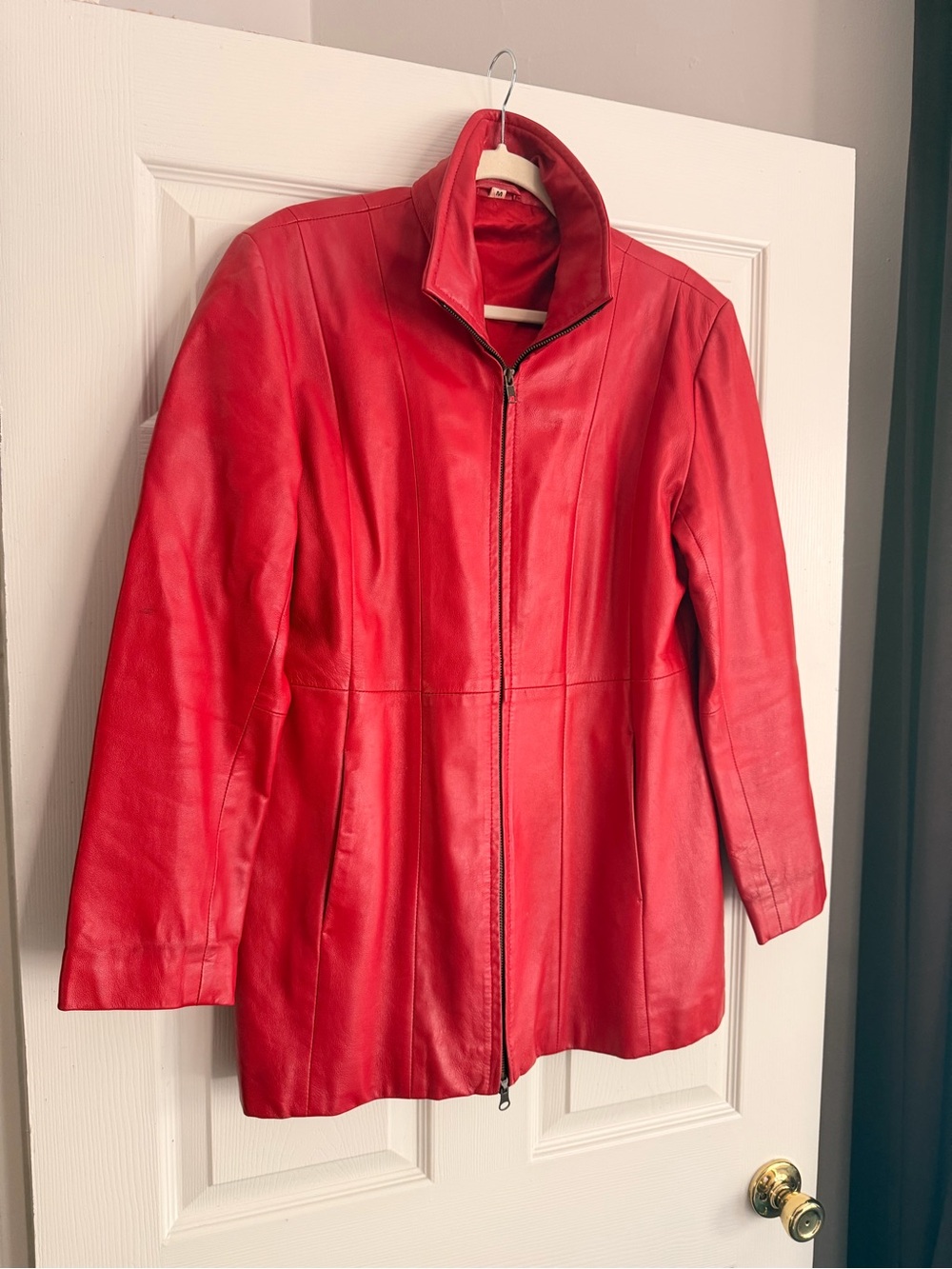 Vintage Red Leather Zip-Front Jacket - medium